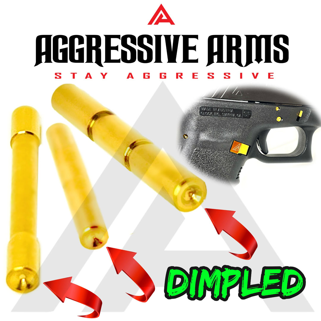 thumbnail image 2 of AGGRESSIVE ARMS Shiny Gold Magazine Catch & Slide Stop Pins For Glock 20 21 29 30 36 – Aluminum/Steel 2 of 4